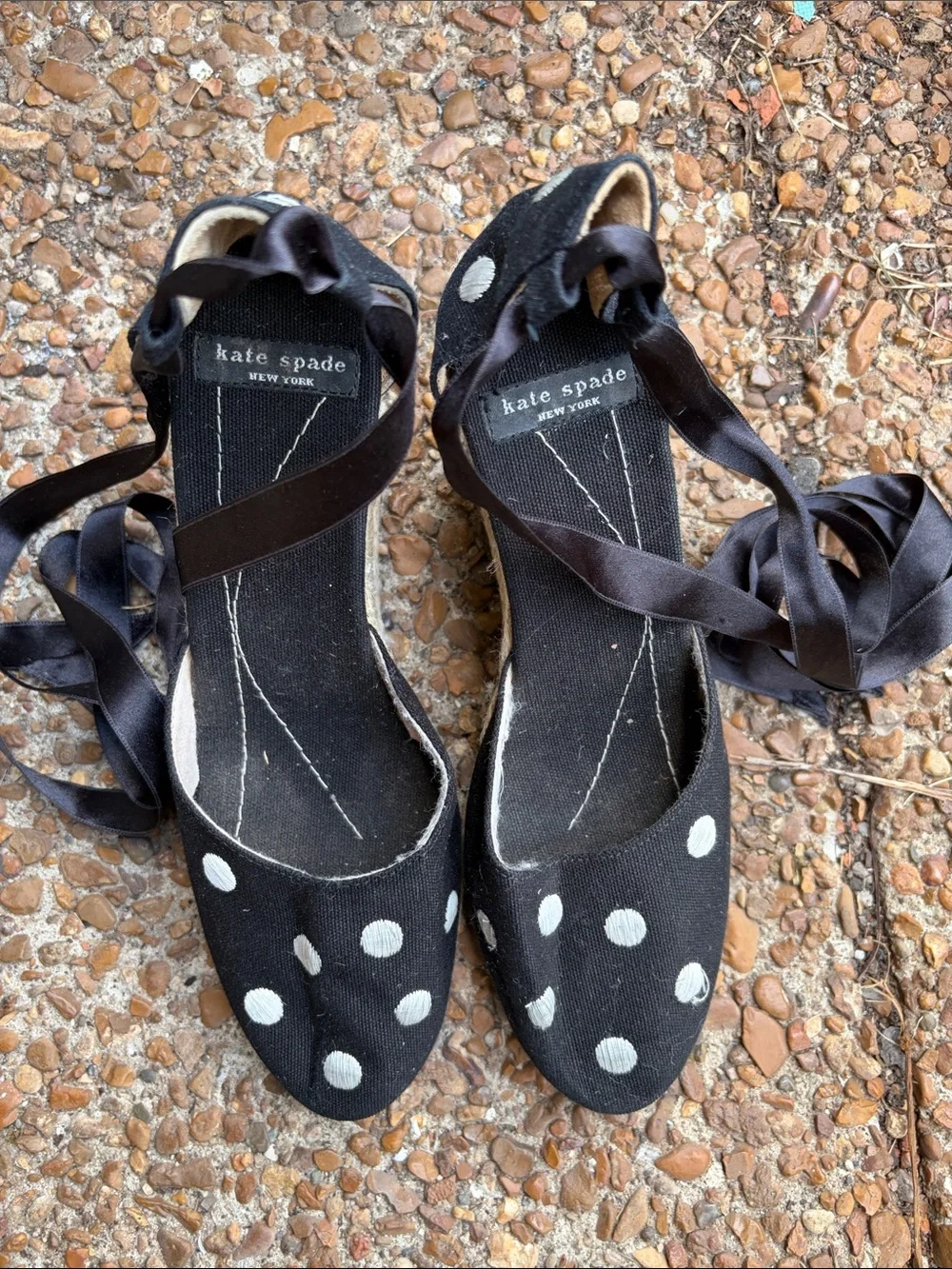 kate spade Black Canvas Polka Dot Espadrille Flats with Ribbon Ties